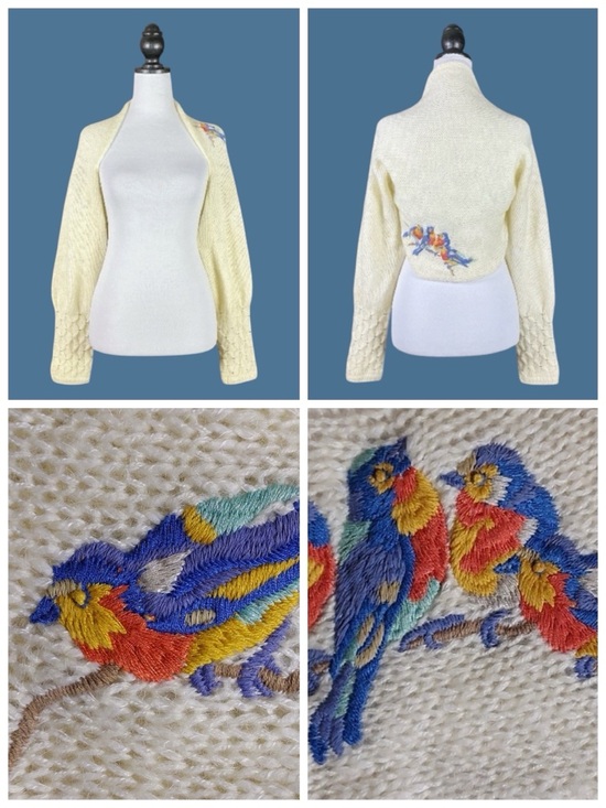 Anthropologie Sweaters - Anthropologie Sleeping on Snow Cream Bird Embroidered Knit Shrug Sweater M/L